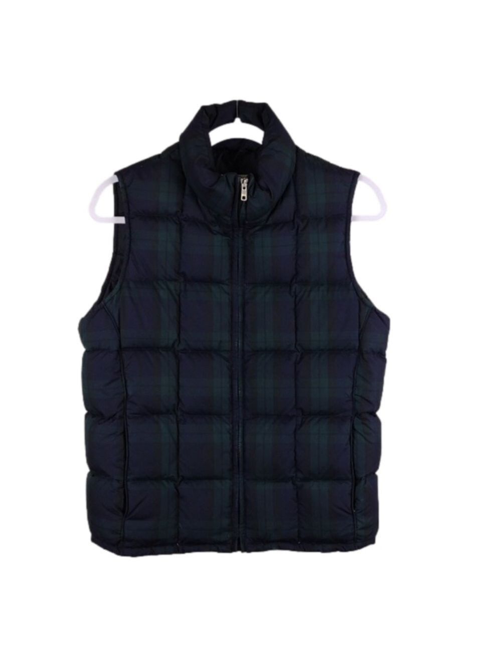 Eddie Bauer Navy Plaid Goose Down Sleeveless Funnel Neck Zip Front Jacket Vest